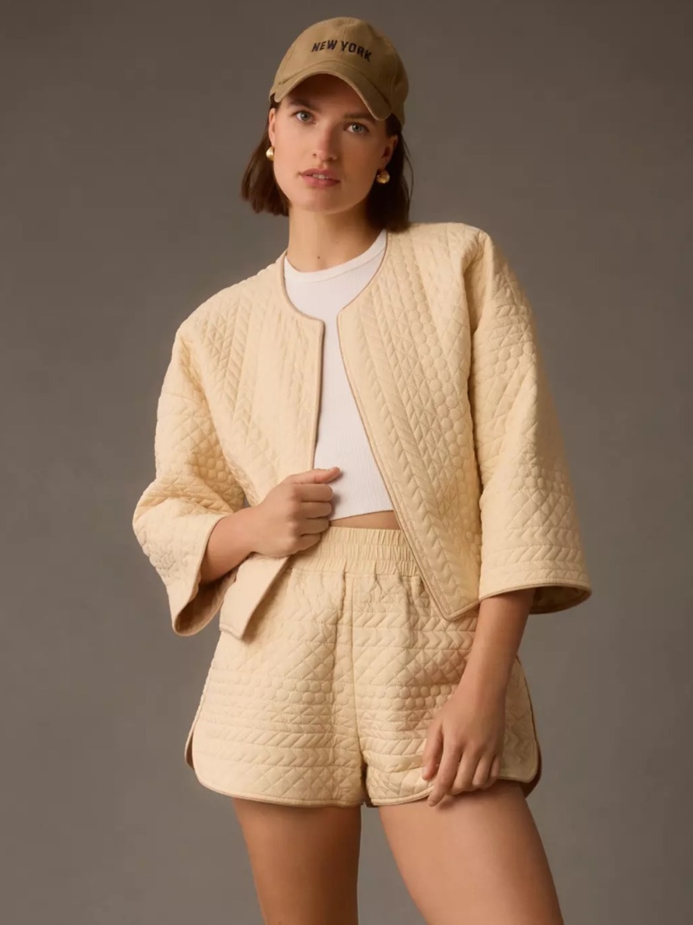 Anthropologie X Sanica Quilted Two Piece Jacket & Shorts Set in Cream Small